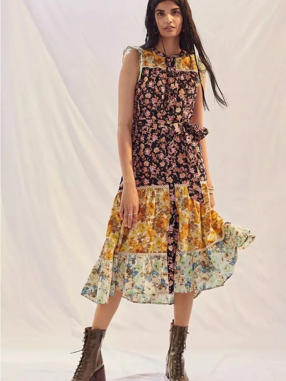 Anthropologie Boho Floral Patchwork Tiered Ruffle Maxi Dress XXS (Runs Big)